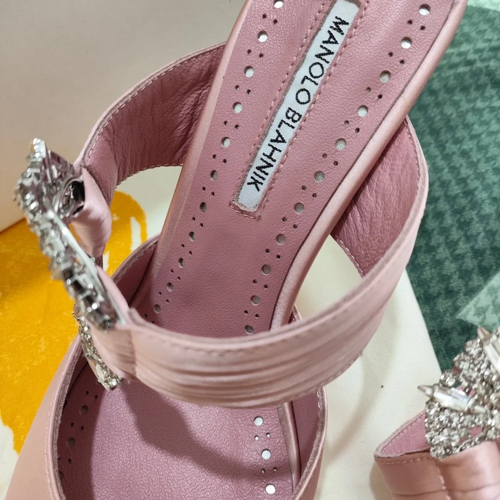 Manolo Blahnik Pink Satin Crystal-Buckle Pointed Mules